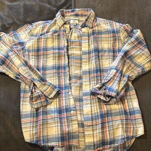Men’s Old Navy button flannel plaid shirt, blue, and orange